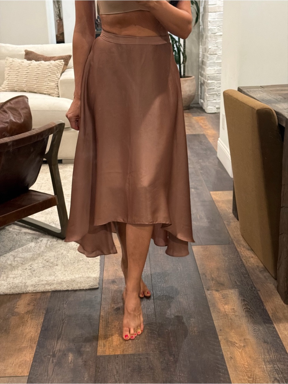 Satin High-Low Midi Skirt in Brown
